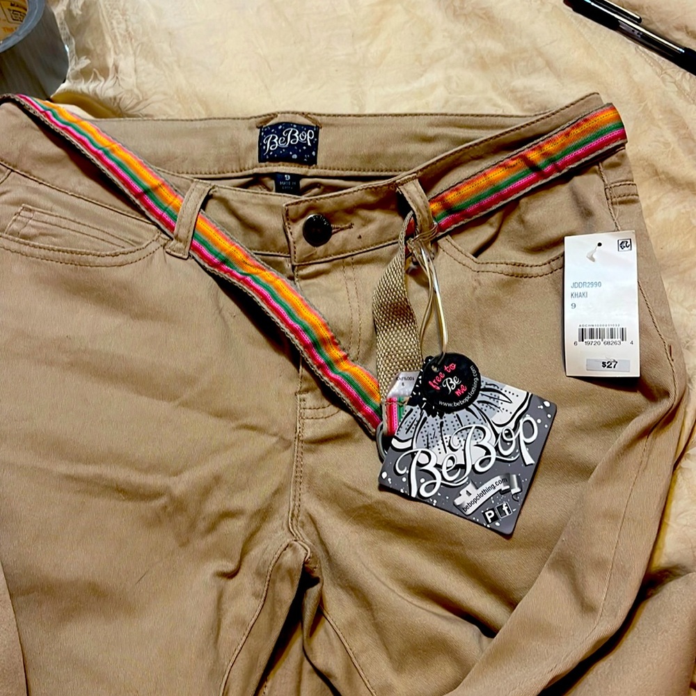 Size 9 NEW WITH TAGS BeBop khaki pants with RAINBOW belt LOT#0025